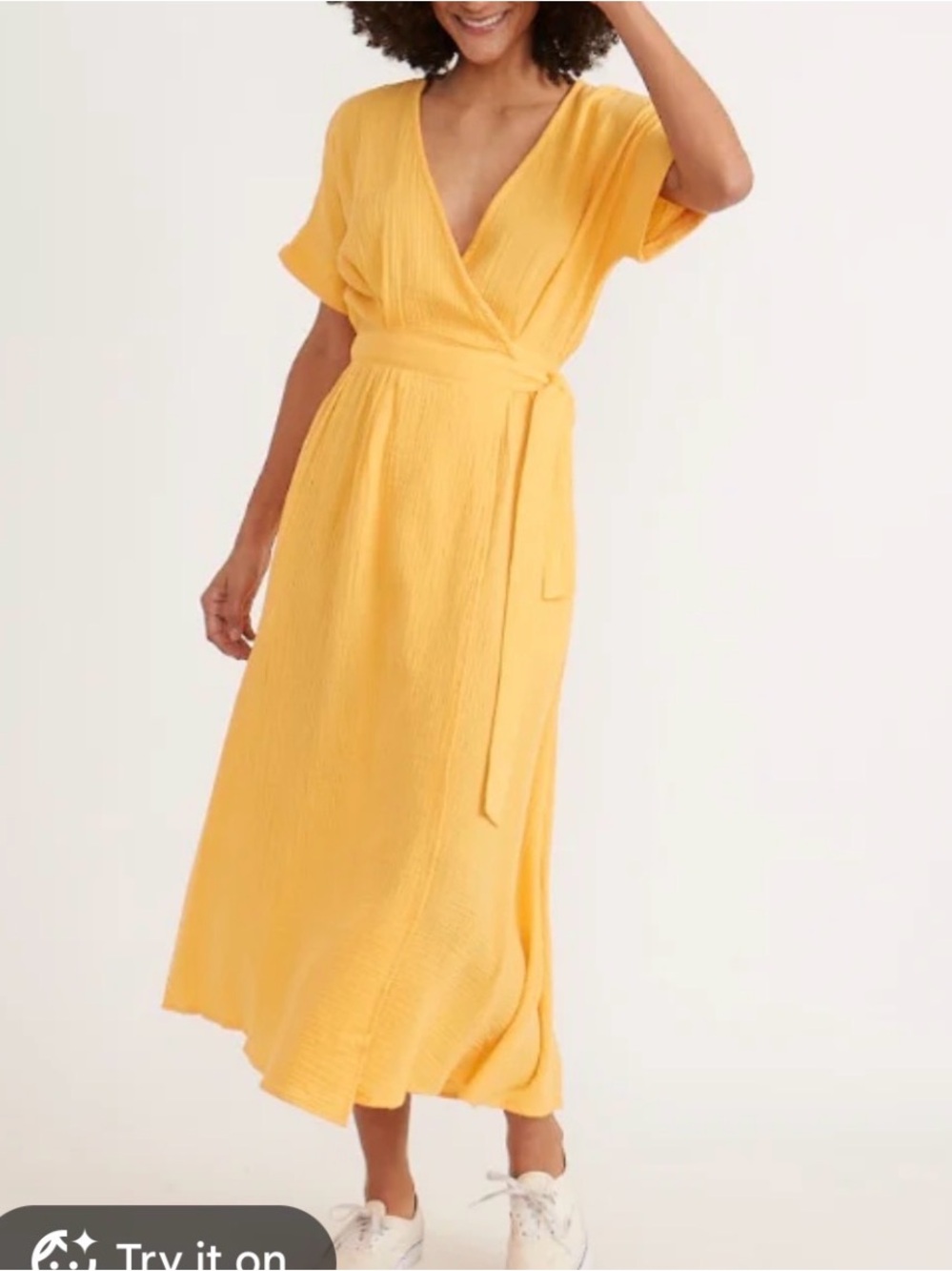 Marine Layer Golden Yellow Wrap Midi Dress with Tie Waist